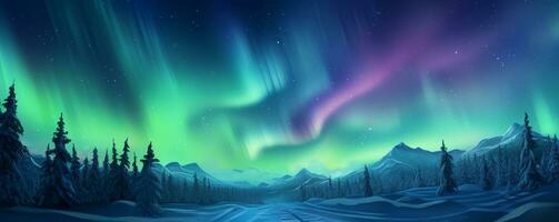 Nord Beleuchtung Banner. Aurora Borealis. schön Winter Landschaft mit Wald und Berge. ai generiert. foto