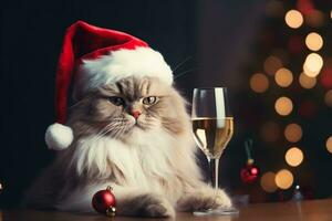 flauschige süß Katze im Santa claus Hut mit ein Glas von Champagner. Weihnachten und Neu Jahr Feier. ai generiert. foto