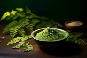 Schüssel von Moringa Pulver und frisch Blätter auf hölzern Tisch. ai generiert. foto