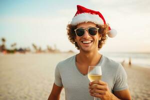 glücklich jung Mann im Santa Hut auf das Strand halten ein Glas von Champagner. Weihnachten, Neu Jahr Feier im das Tropen. ai generiert. foto