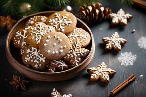 Schüssel von Lebkuchen hausgemacht Kekse auf das Tisch. Weihnachten Gebäck. ai generiert. foto