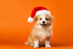 glücklich süß Hund im Santa claus Hut Sitzung auf Orange Hintergrund mit Kopieren Raum. Weihnachten und Neu Jahr Feier Konzept. ai generiert. foto