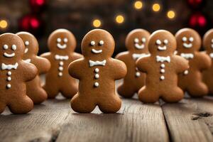 Lebkuchen Männer hausgemacht Kekse auf festlich Hintergrund. Weihnachten Gebäck. ai generiert. foto