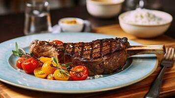saftig gegrillt Rippenstück Rindfleisch Steak, gewürzt mit Körner von Salz, begleitet durch bunt rot und Gelb Tomaten, warten auf das Tisch. generativ ai foto