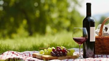 genießen Leben Freuden, Wein verbessert ein charmant Picknick Rahmen inmitten szenisch Schönheit. generativ ai foto