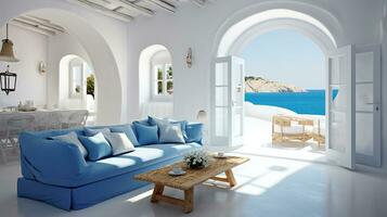 Innere von ein Luxus Weiß Strand Haus Zimmer mit azurblau Blau Akzente, generativ ai foto