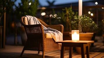 Abend glühen, Kerze leuchten ein Terrasse Stuhl auf ein Sommer- Nacht. generativ ai foto