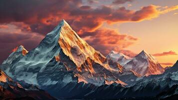 ein schön Panorama von das Berge beim Sonnenuntergang von das Tag, Berg Gipfel von das tibetanisch schneebedeckt Berge, generativ ai foto