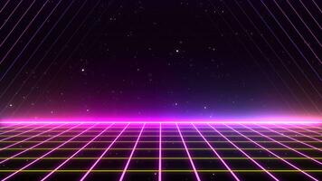 retro Stil 80er-90er Laser- Neon- Hintergrund. futuristisch Gitter Landschaft. Digital Cyber Oberfläche. geeignet zum Design im das Stil von das 1980er-1990er Jahre. 3d Illustration foto