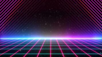 retro Stil 80er-90er Laser- Neon- Hintergrund. futuristisch Gitter Landschaft. Digital Cyber Oberfläche. geeignet zum Design im das Stil von das 1980er-1990er Jahre. 3d Illustration foto