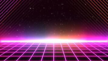 retro Stil 80er-90er Laser- Neon- Hintergrund. futuristisch Gitter Landschaft. Digital Cyber Oberfläche. geeignet zum Design im das Stil von das 1980er-1990er Jahre. 3d Illustration foto