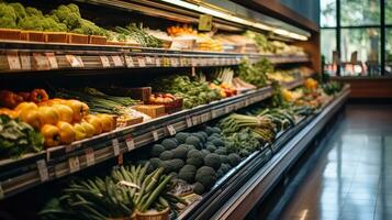 bunt Ernte Oase. erkunden ein beschwingt Lebensmittelgeschäft Gang Sprengung mit frisch produzieren. generativ ai foto