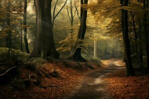 knackig Wald Herbst Sicht. generieren ai foto