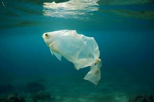 Einweg Meer Fisch Plastik Tasche. generieren ai foto