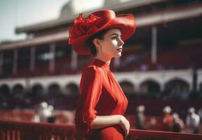 schön elegant Frau tragen rot Hut. generieren ai foto