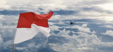 Indonesien Nationalflagge auf bewölktem Hintergrund des blauen Himmels mit einer Möwe foto