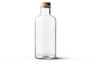 transparent sauber leeren Glas Flasche mit hölzern Kork isoliert auf Weiß Hintergrund. Attrappe, Lehrmodell, Simulation, Vorlage zum Design. Kopieren Raum. leeren Flasche zum trinken, Saft, Limonade, Milch, Wasser, Limonade. ai generiert foto