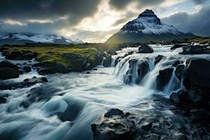 das Wasserfall im kirkjufell Gletscher, Island, Europa, Island schön Landschaft Fotografie, schön Mädchen im Badeanzug im das Klumpen, ai generiert foto