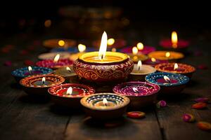 indisch Festival Diwali, Diya Öl Lampen zündete auf bunt Rangoli. Hindu traditionell. selektiv Fokus, indisch Festival Diwali, Diwali Öl Lampen zündete auf bunt Rangoli. Hindu traditionell, ai generiert foto