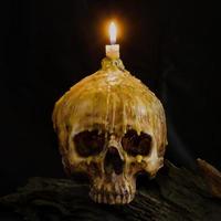 Schädel mit Kerzenlicht oben mit Beschneidungspfad auf Grunge-Holz foto
