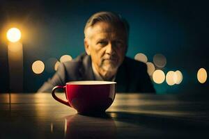 ein älter Mann Sitzung beim ein Tabelle mit ein rot Tasse. KI-generiert foto