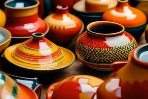 viele bunt Keramik Vasen sind angezeigt auf ein Tisch. KI-generiert foto