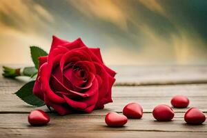 ein Single rot Rose auf ein hölzern Tabelle mit rot Herzen. KI-generiert foto