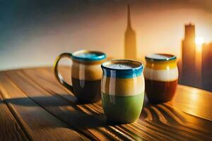 drei Kaffee Tassen auf ein Tabelle mit Stadt Horizont im das Hintergrund. KI-generiert foto