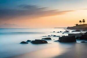 ein lange Exposition fotografieren von das Ozean und Felsen beim Sonnenuntergang. KI-generiert foto
