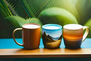 drei Kaffee Tassen mit anders Designs auf ihnen. KI-generiert foto