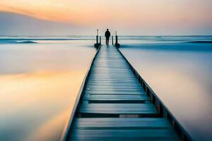 ein Mann steht auf ein Seebrücke suchen aus in das Ozean. KI-generiert foto