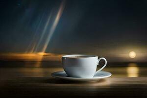 ein Tasse von Kaffee auf ein Tabelle mit das Mond im das Hintergrund. KI-generiert foto