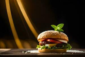 ein Hamburger mit Käse, Grüner Salat und Tomate auf ein hölzern Tisch. KI-generiert foto