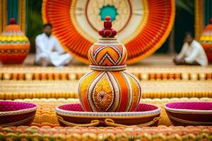 ein bunt Vase mit ein Mann Sitzung im das Hintergrund. KI-generiert foto