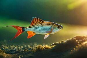 ein Fisch Schwimmen im das Wasser mit Sonnenlicht leuchtenden. KI-generiert foto