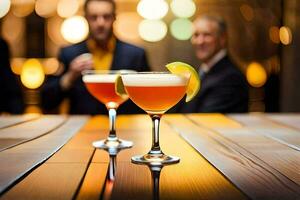 zwei Cocktails auf ein hölzern Tabelle mit ein Mann im das Hintergrund. KI-generiert foto