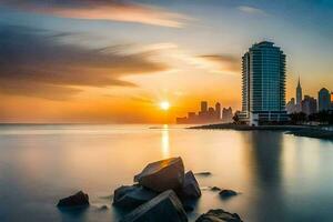 das Sonne setzt Über das Stadt Horizont im Dubai. KI-generiert foto