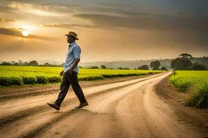 ein Mann Gehen auf ein Schmutz Straße beim Sonnenuntergang. KI-generiert foto
