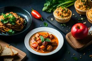 ein Tabelle mit Essen und ein Schüssel von Suppe. KI-generiert foto