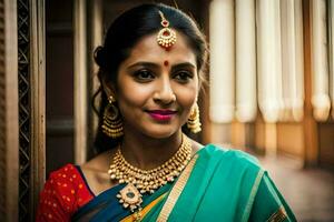 schön indisch Frau im traditionell Sari. KI-generiert foto