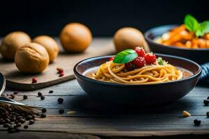 Spaghetti mit Tomate Soße und Basilikum Blätter im ein Schüssel. KI-generiert foto