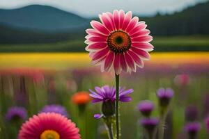 ein Rosa Blume steht aus im ein Feld von lila und Gelb Blumen. KI-generiert foto