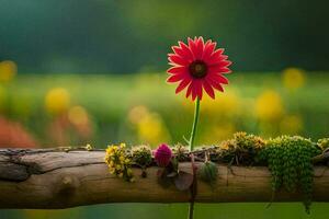 ein rot Blume ist Sitzung auf ein Ast mit Gelb Blumen. KI-generiert foto