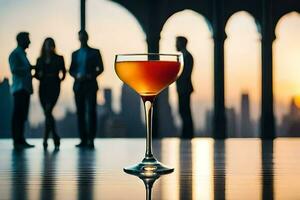 ein Cocktail Glas mit ein Sonnenuntergang im das Hintergrund. KI-generiert foto