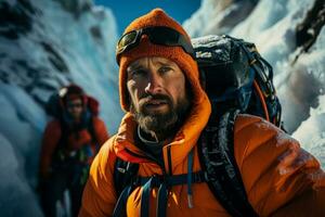 Eis Achsen im Hand Bergsteiger strategisiert Route oben Gletscher Wasserfall foto