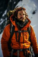 Eis Achsen im Hand Bergsteiger strategisiert Route oben Gletscher Wasserfall foto