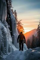 gefroren Einsamkeit furchtlos Bergsteiger navigiert heiter noch tückisch eisig Wasserfall foto