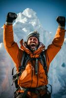 triumphierend Bergsteiger oben auf gefroren Wasserfall Hintergrund mit leeren Raum zum Text foto