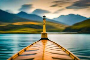 ein Boot auf das Wasser mit Berge im das Hintergrund. KI-generiert foto