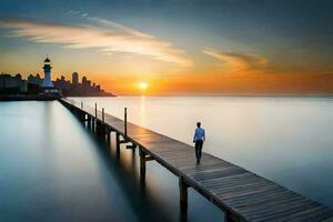 ein Mann Spaziergänge entlang ein Seebrücke beim Sonnenuntergang. KI-generiert foto